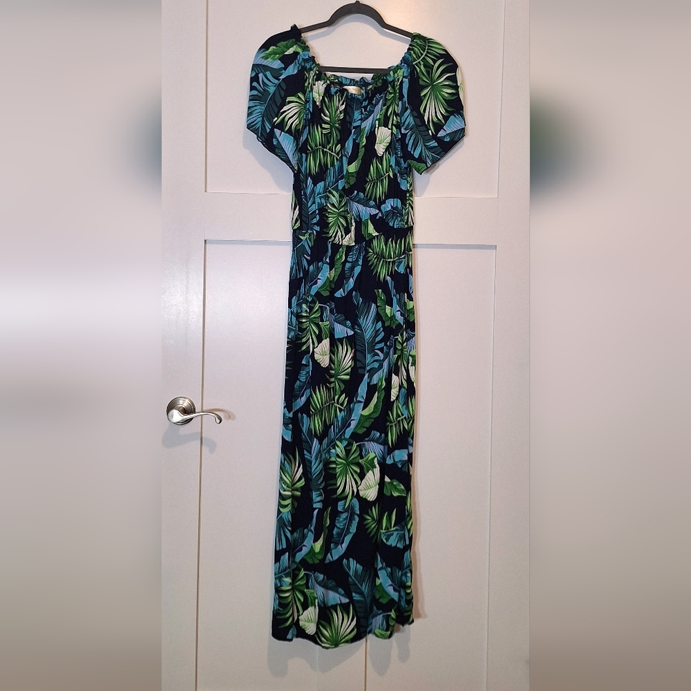 Seven Islands Off Shoulder Maxi Dress Tropical Leaves Blue White Greens XL Rayon